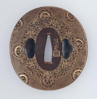 Tsuba with design of paulownia leaves and foliage, geometric patterns and rain-dragon roundels