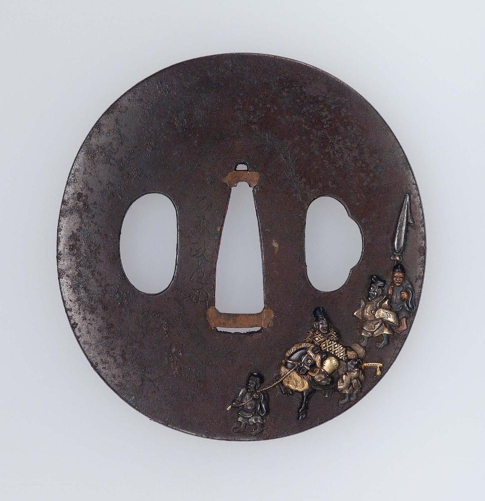 Tsuba with design of Narihira's procession passing mount Fuji