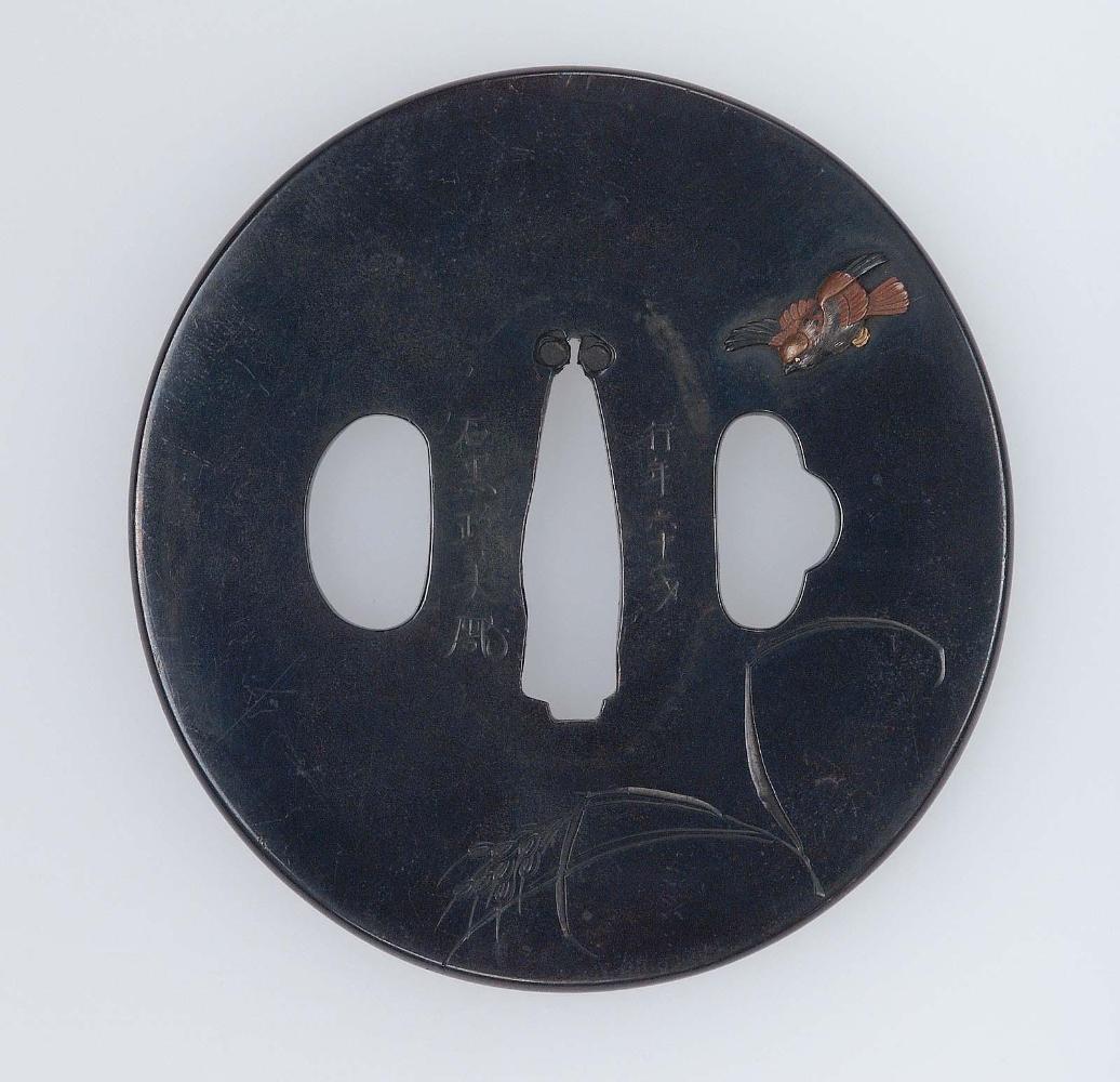 Tsuba with design of sparrow and grasses