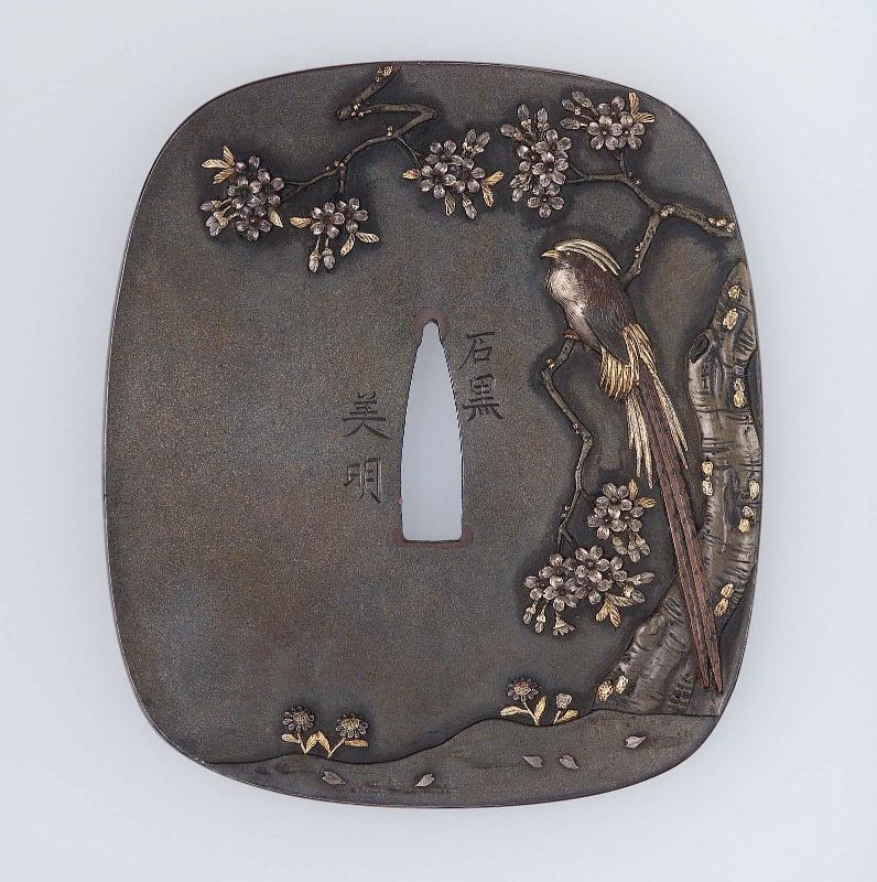 Tsuba with design of pheasant in a cherry-tree