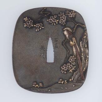 Tsuba with design of pheasant in a cherry-tree