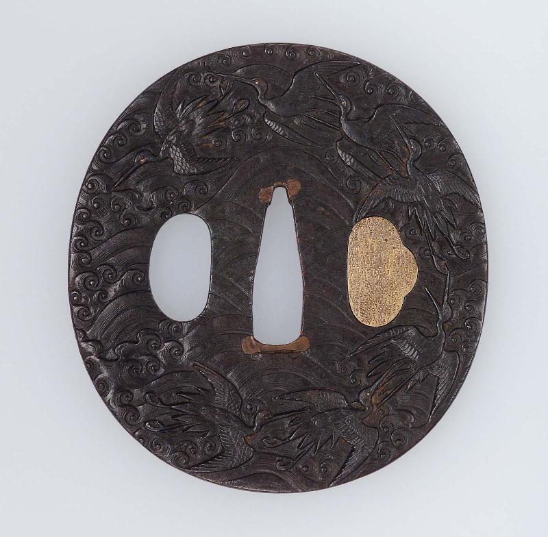 Tsuba with design of flying cranes and waves