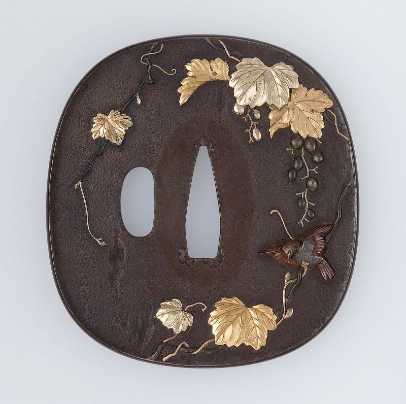 Tsuba with design of sparrow and grape vine