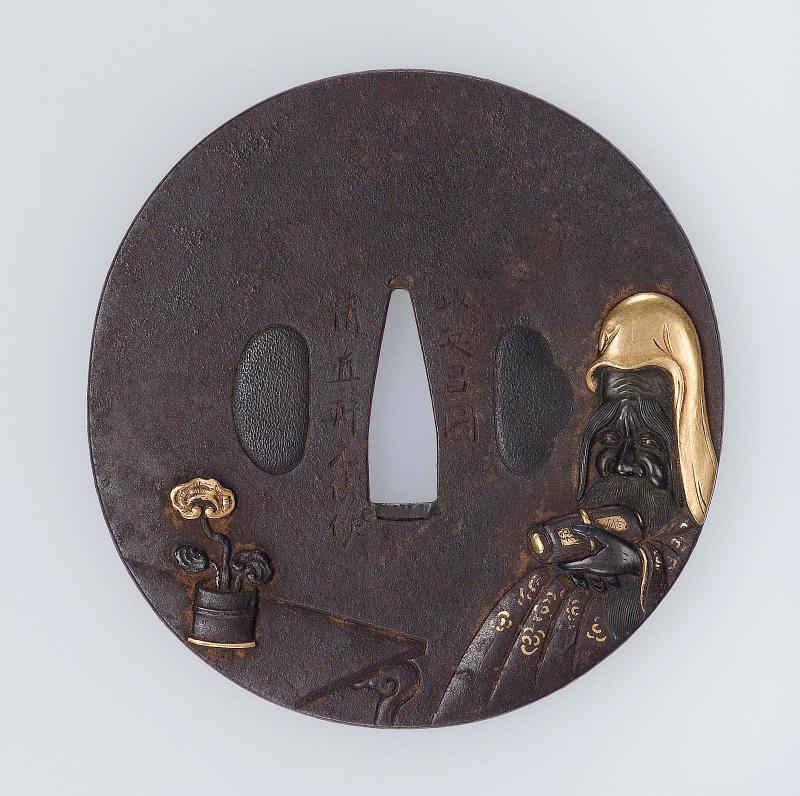 Tsuba with design of Jurojin with scroll and reishi fungus