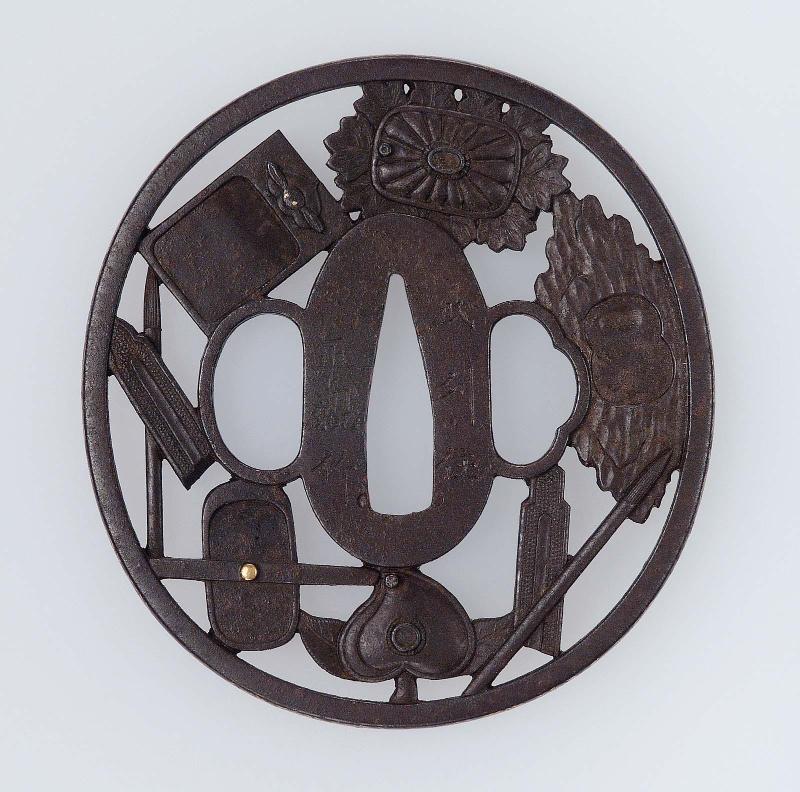 Tsuba with design of writing implements