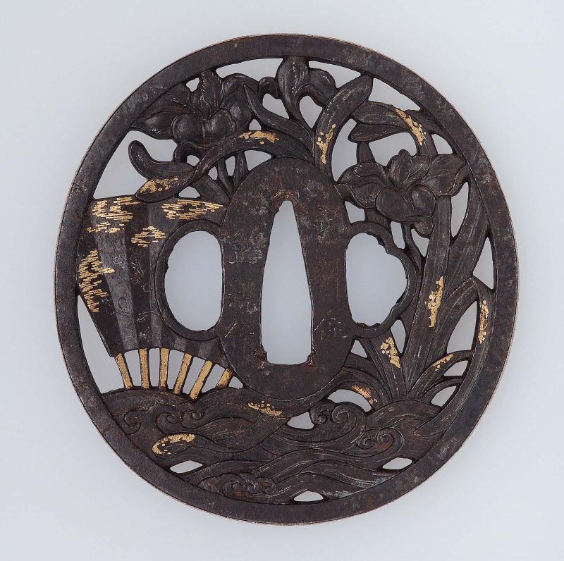 Tsuba with design of irises, fan and stream