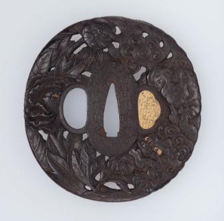 Tsuba with design of shishi and peonies