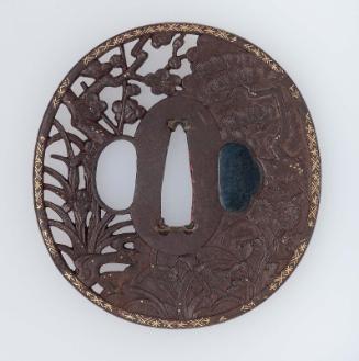 Tsuba with design of plum, pine, chrysanthemum, suisen and iris