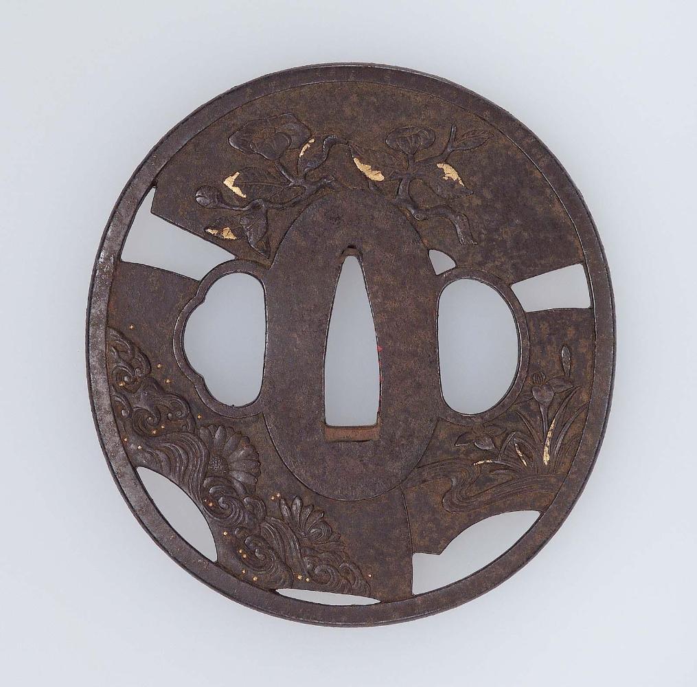 Tsuba with design of plant motifs on fan leaves