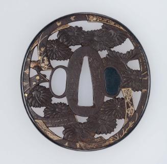 Tsuba with design of chrysanthemums and poem-papers