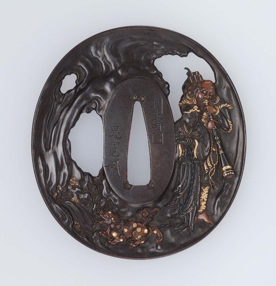 Tsuba with design of foreign musician and sennin with shishi