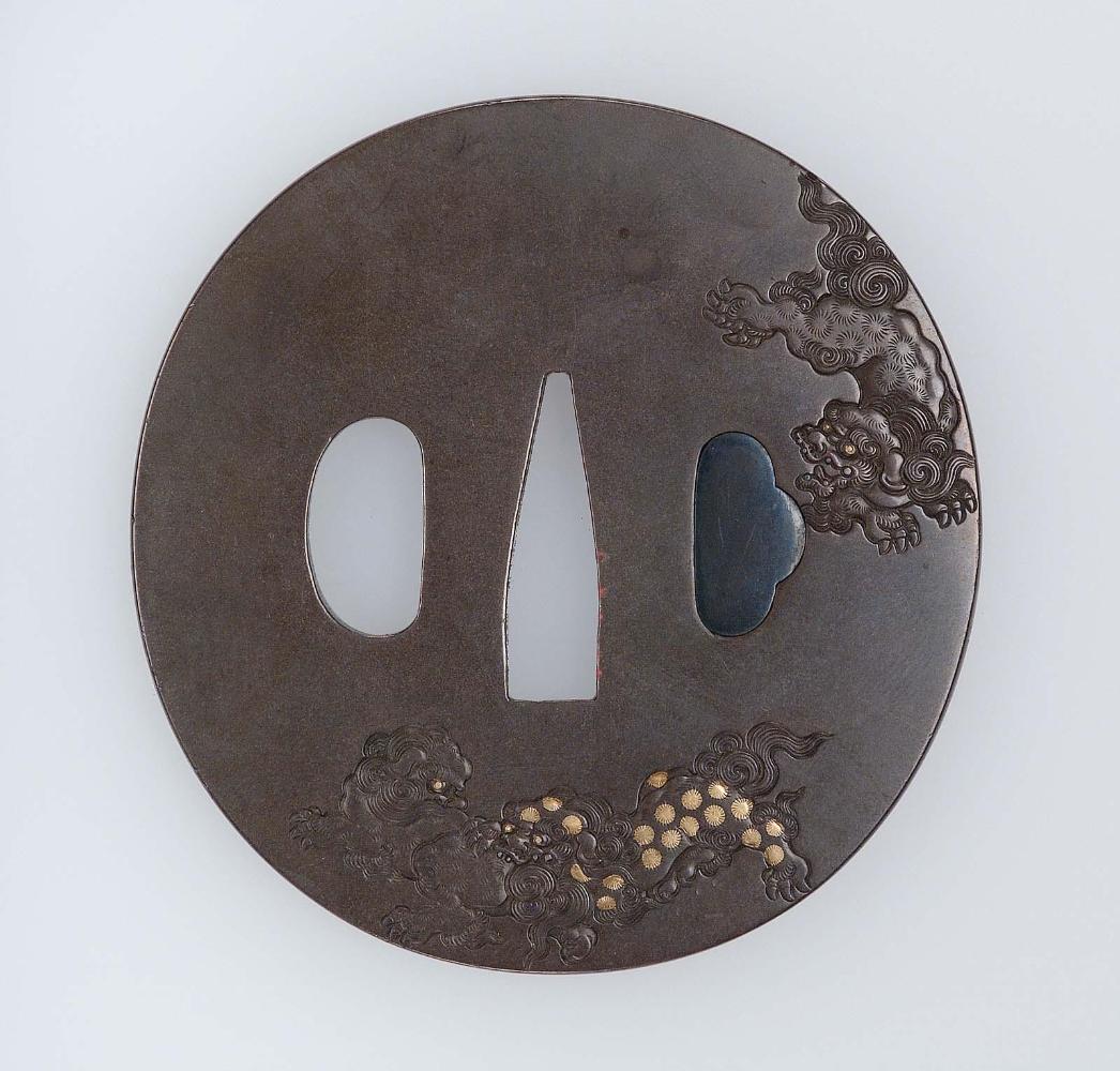 Tsuba with design of shishi and stream