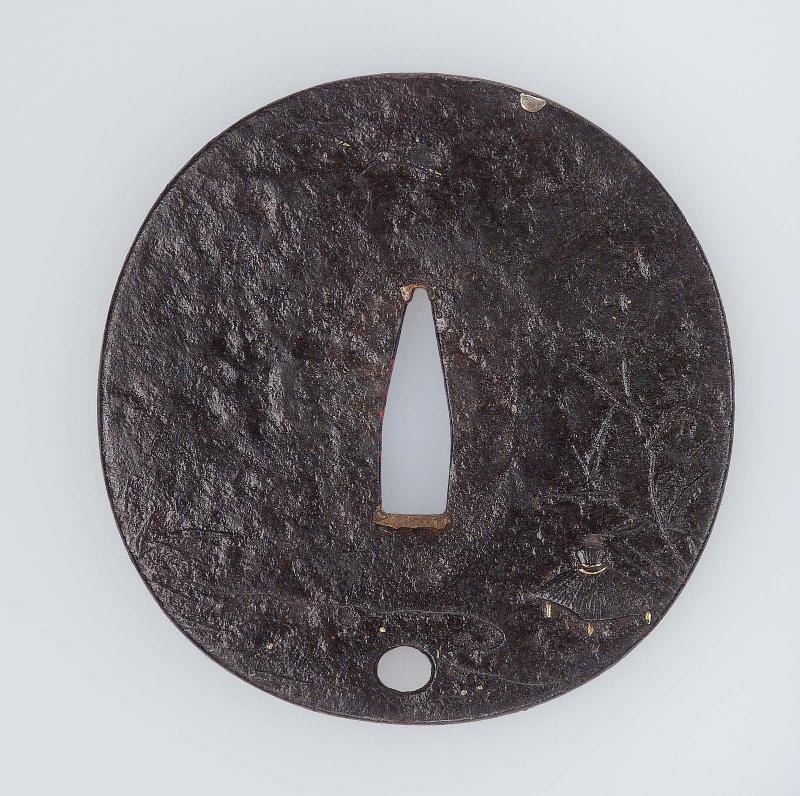Tsuba with design of descending geese, reeds, hut and waves