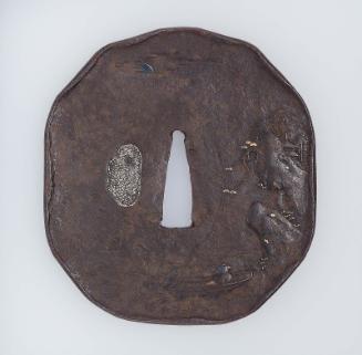 Tsuba with design of landscape with pines, crags, buildings and sage in a boat