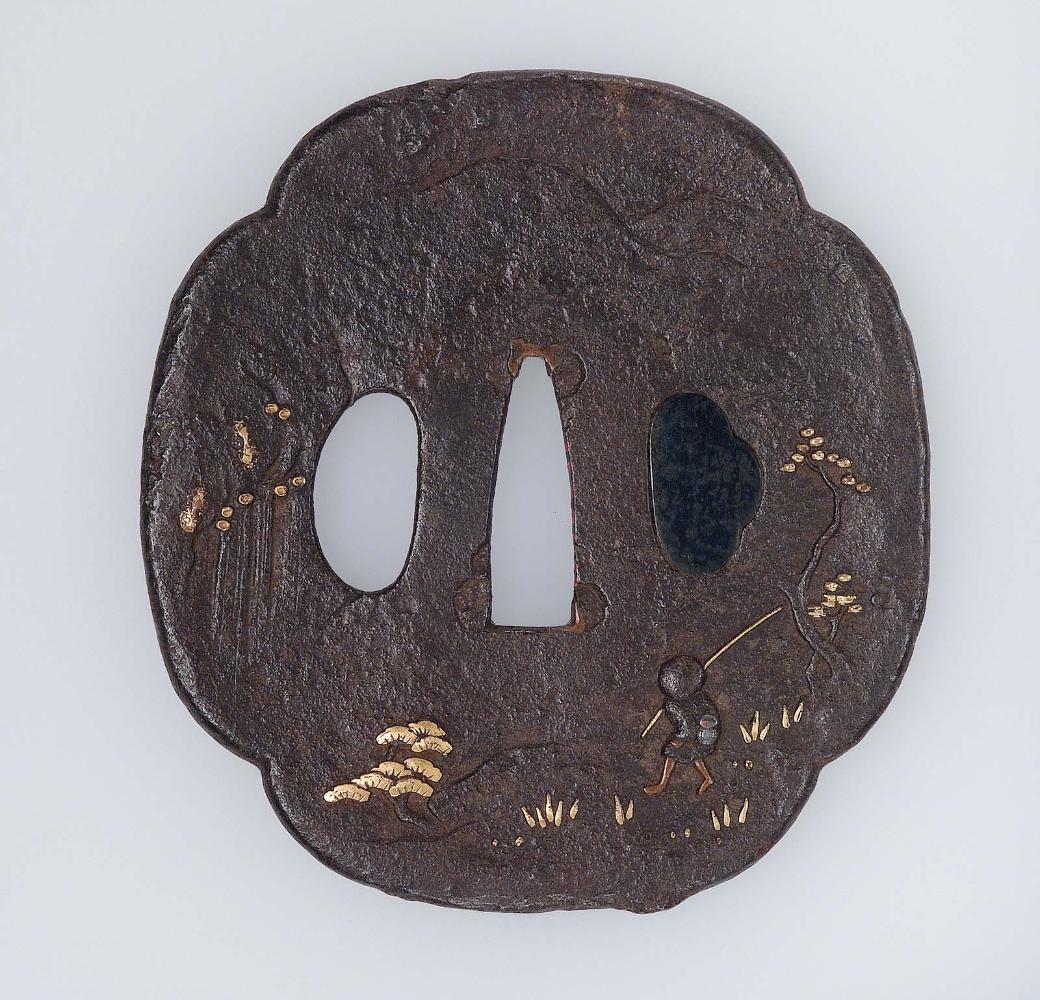 Tsuba with design of landscape with pines, crags, waterfall and figure