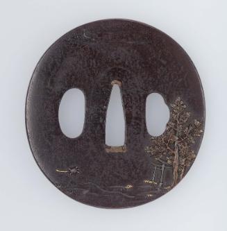 Tsuba with design of silk-winder, torii and pines