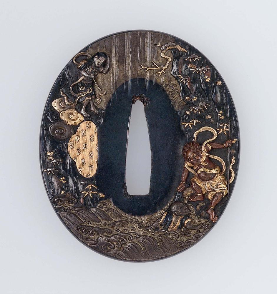 Tsuba with design of Nio rescuing a monk from a river, watched by Kannon