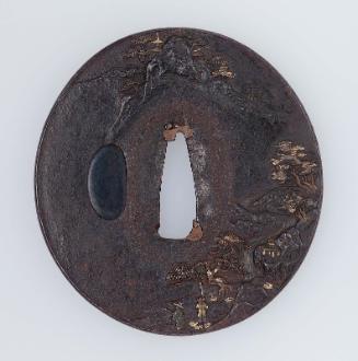 Tsuba with design of mountain landscape with Chinese figures