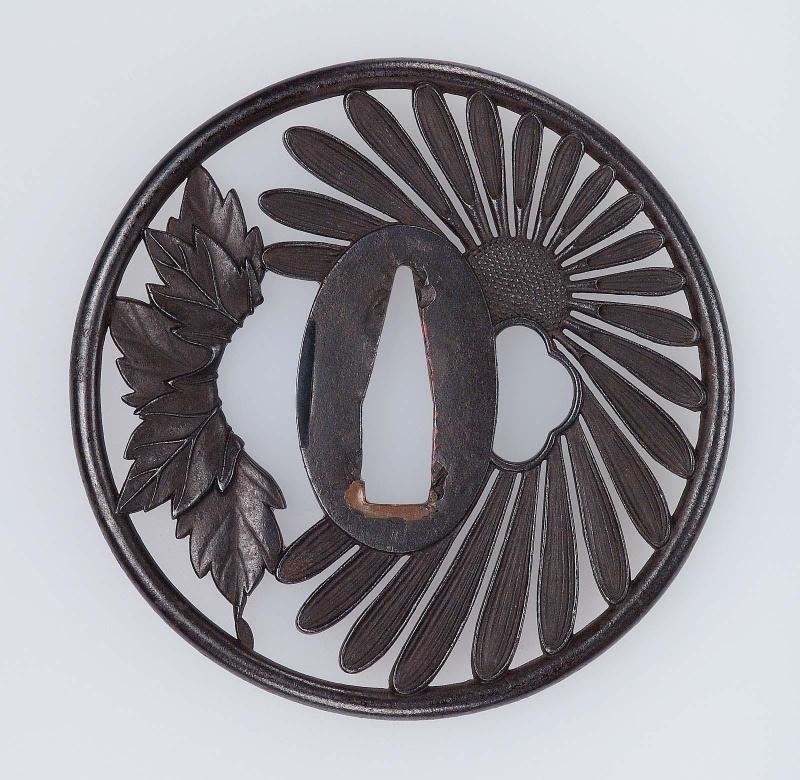 Tsuba with design of chrysanthemum blossom and leaf