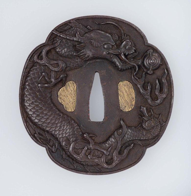 Tsuba with design of dragon, jewel and sword