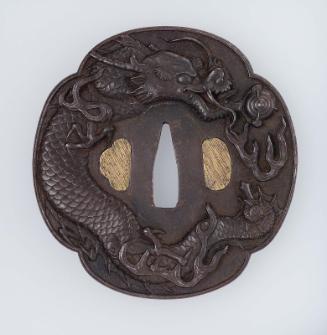 Tsuba with design of dragon, jewel and sword
