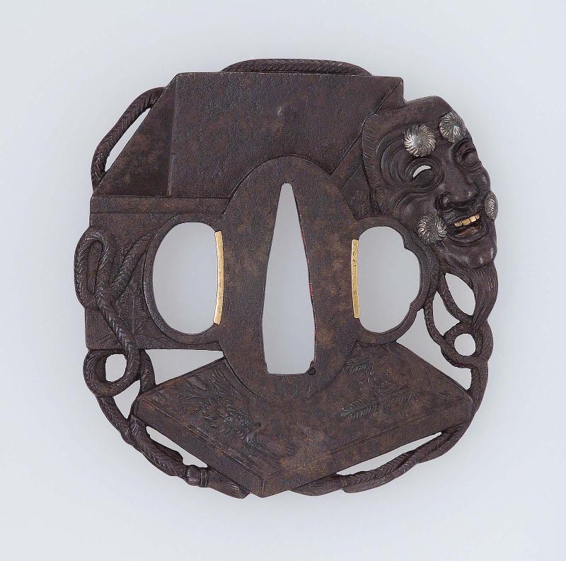 Tsuba with design of okina mask and box