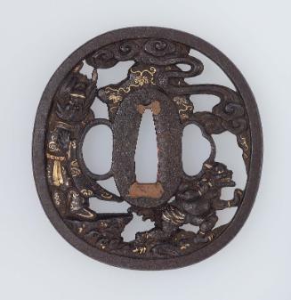 Tsuba with design of Shoki in pursuit of an oni