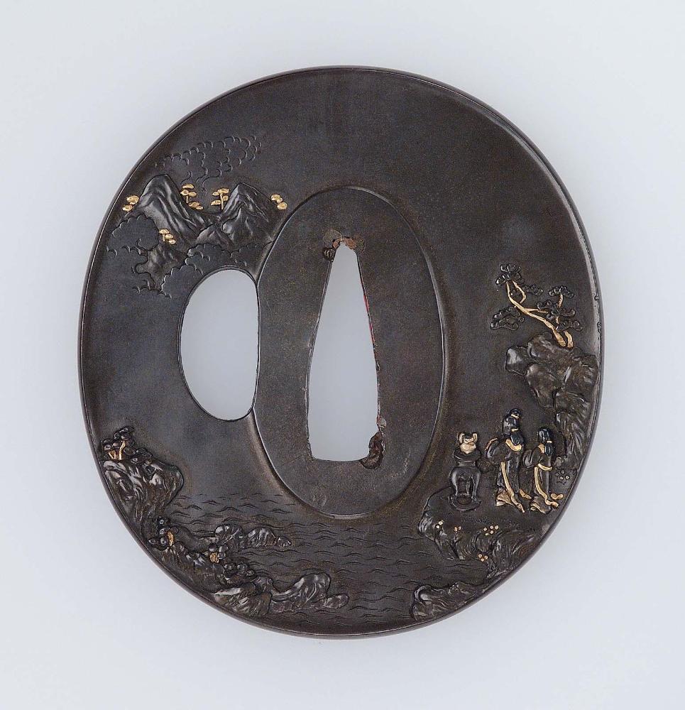 Tsuba with design of a landscape with Chinese scholars