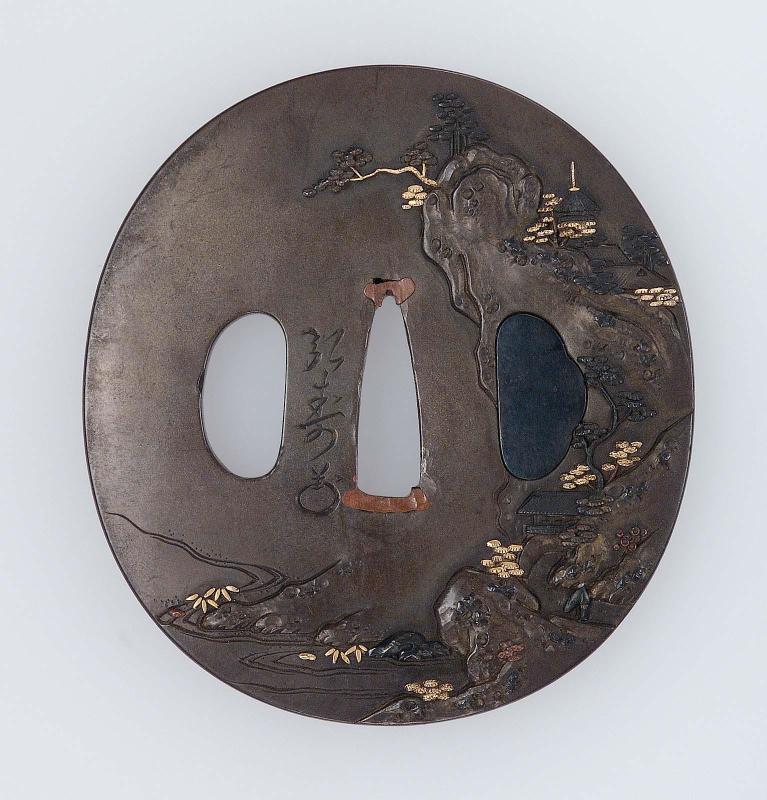 Tsuba with design of a rocky landscape with buildings