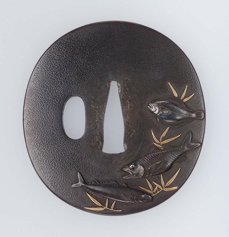 Tsuba with design of fish and weeds