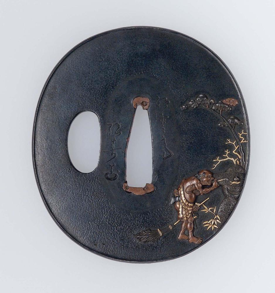 Tsuba with design of temple attendant teasing a snail with his pipe