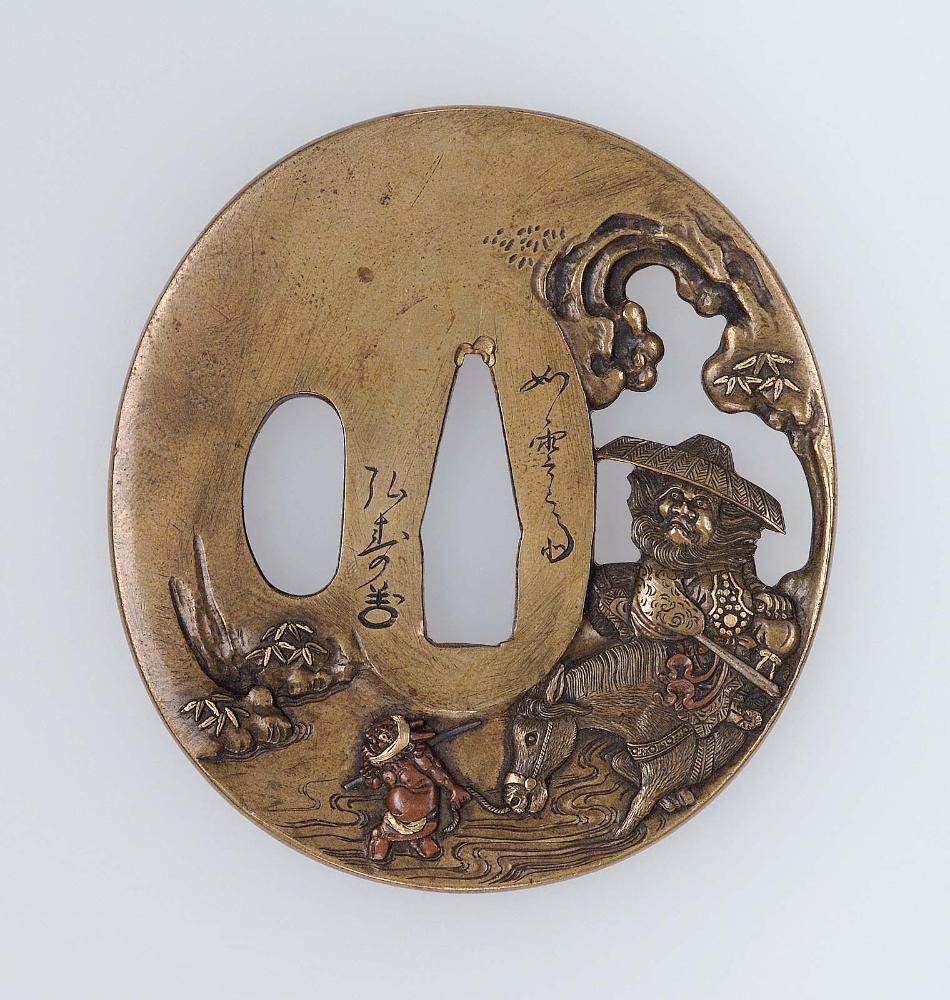 Tsuba with design of Shoki on horseback with an oni attendant