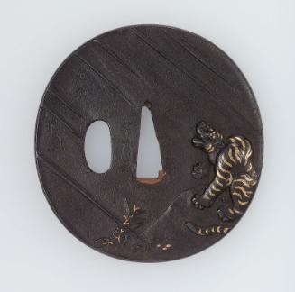 Tsuba with design of tiger in the rain