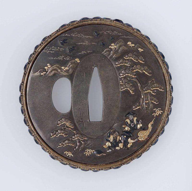 Tsuba with design of samurai attendants around a camp fire