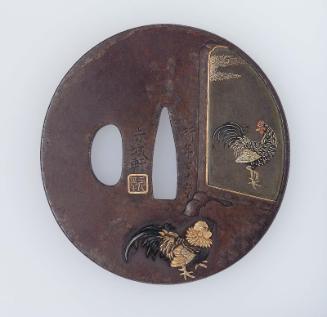 Tsuba with design of cockerel and painting