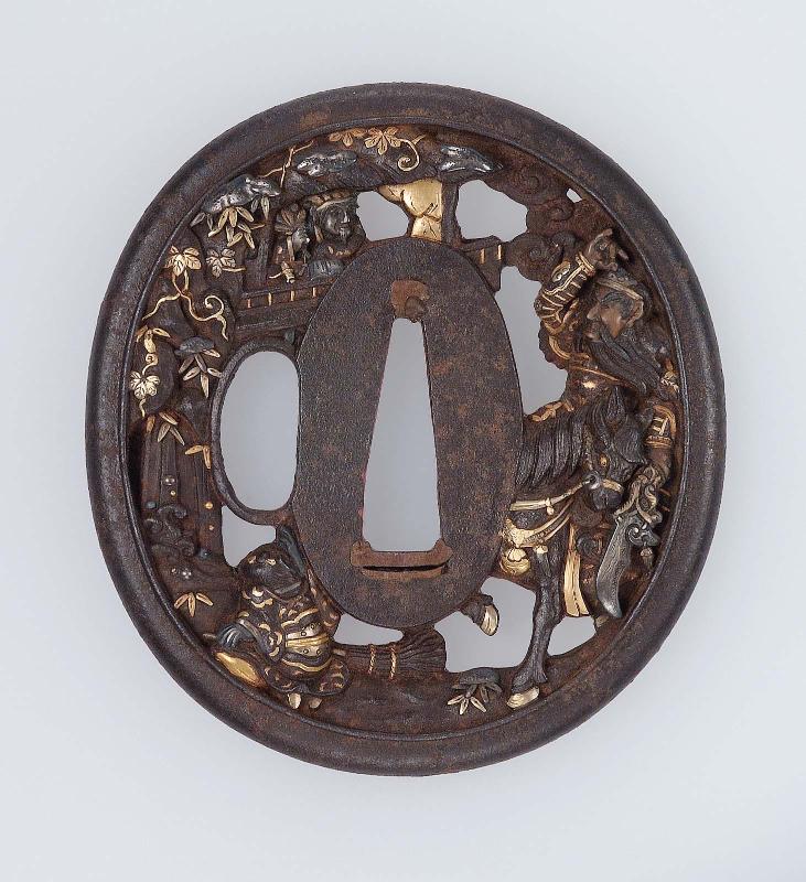 Tsuba with design of an episode from the Sangokushi (Sanguozhi: Shokatsuryo [Zhuge Liang] and Guanyu [Kan'u] meet)
