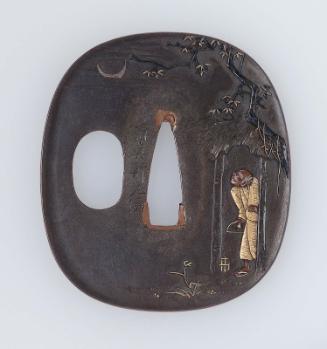 Tsuba with design of a figure looking up at the moon from a rustic dwelling