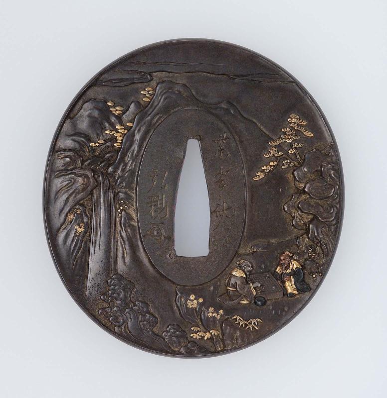Tsuba with design of Chinese scholars playing go in a landscape