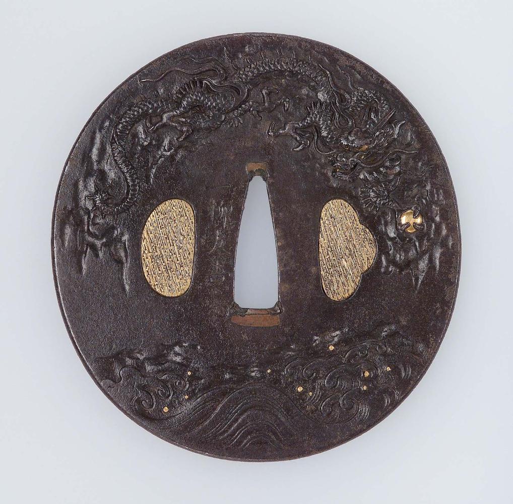 Tsuba with design of dragon and waves