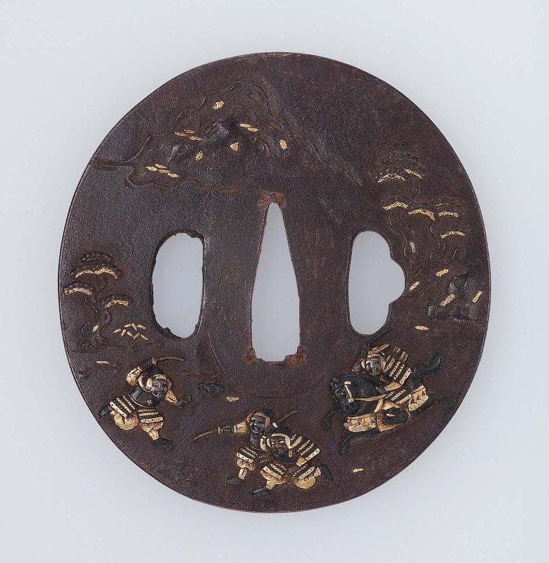 Tsuba with design of samurai combat