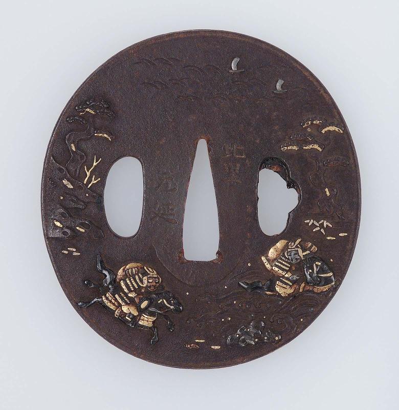 Tsuba with design of Kajiwara Kagesue and Sasaki Takatsuna racing across the Uji River