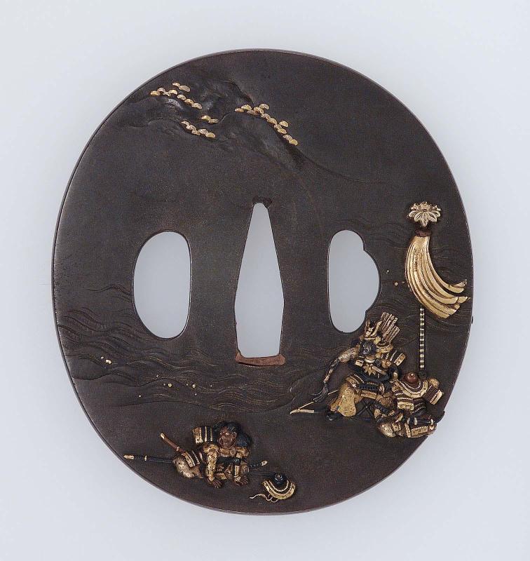 Tsuba with design of Minamoto no Yoritomo watching the race across the Uji River