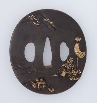 Tsuba with design of Minamoto no Yoritomo watching the race across the Uji River