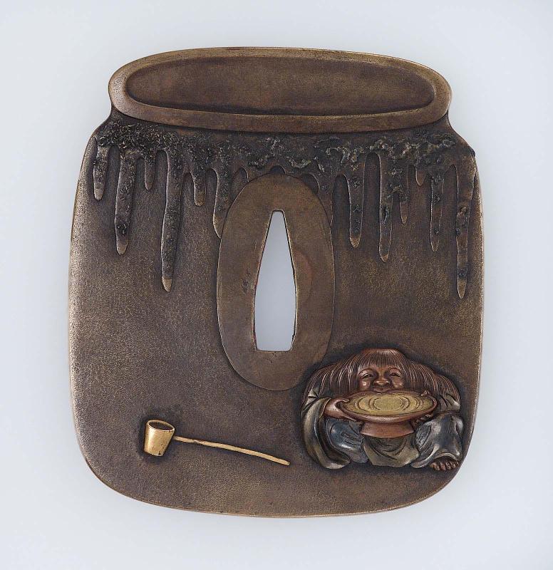 Tsuba in the outline of a sake jar, with design of a drunken shojo
