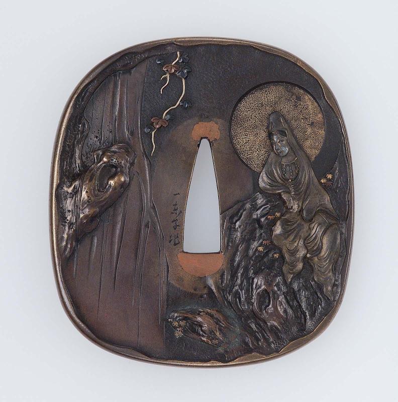 Tsuba with design of the White-Robed Kannon by a waterfall