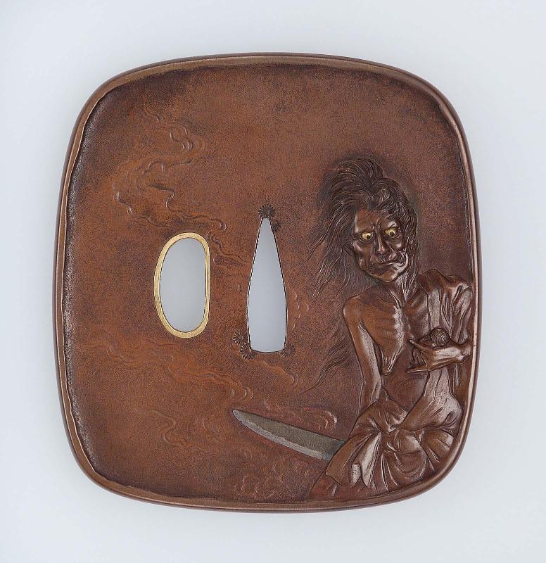 Tsuba with design of the witch of Adachigahara with a dagger and a tiny baby