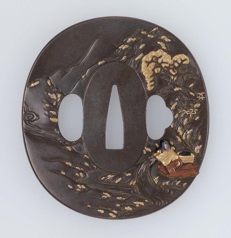 Tsuba with design of a woman washing clothes in a stream; she guides Raiko and his men to the lair of the brigand-monster Shutendoji