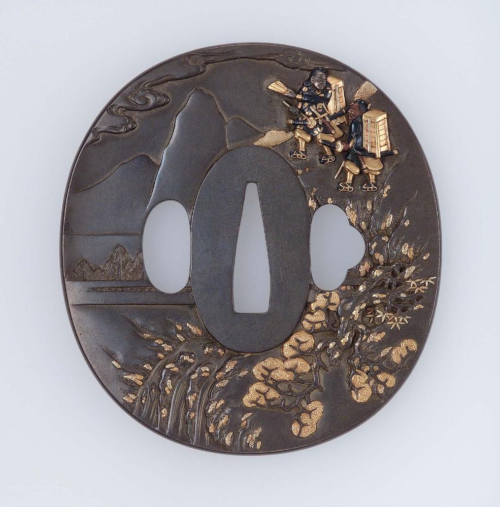 Tsuba with design of Raiko and a companion disguised as monks on their way to slay the brigand-monster Shutendoji