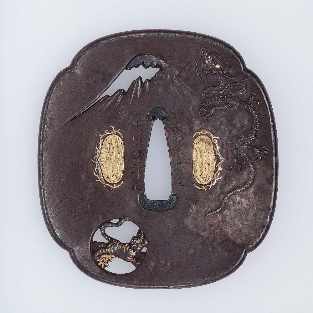 Tsuba with design of Mount Fuji, dragon and tiger