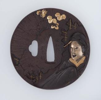 Tsuba with design of oiran by a broken wall with a yugao plant